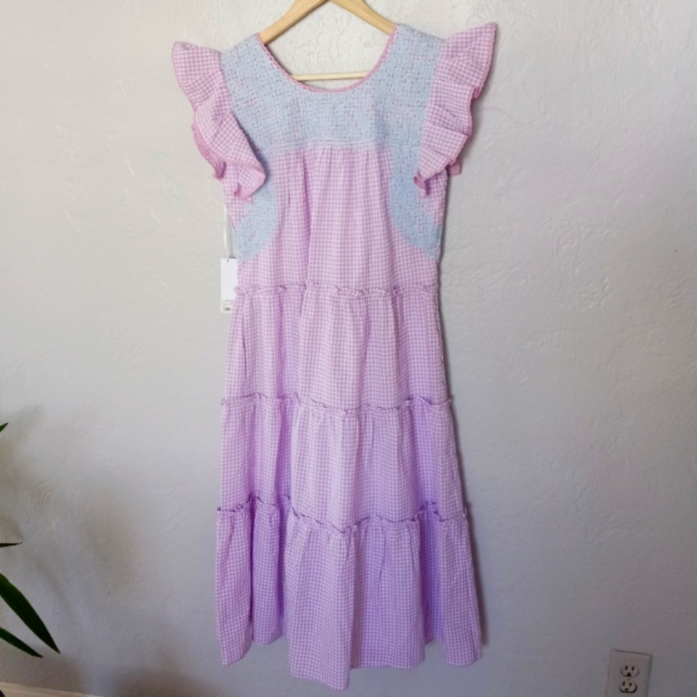 J. Marie Kayla Tiered Midi Dress Purple Gingham Embroidery S - Picture 8 of 12
